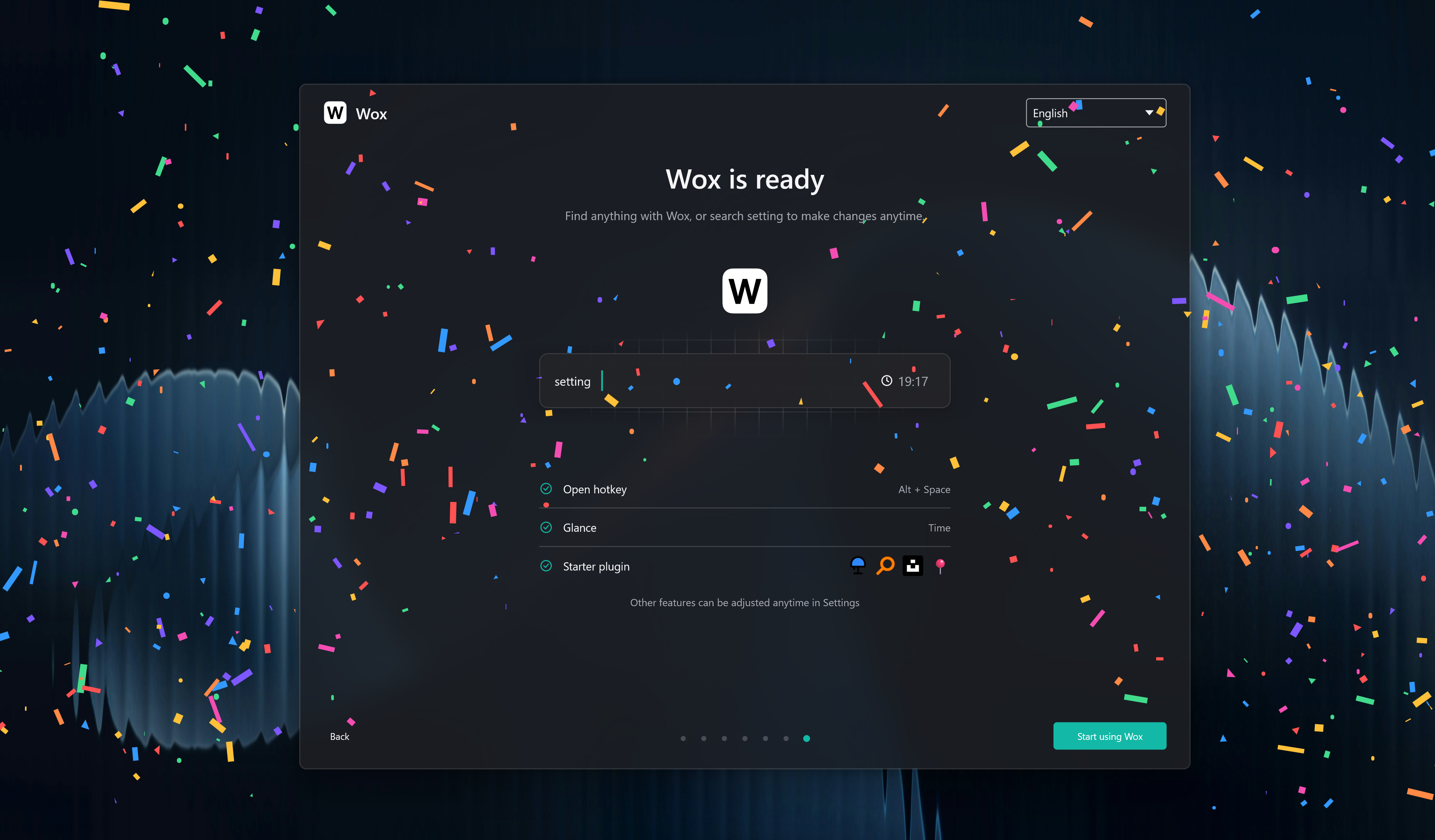 Wox is ready: setup complete with celebratory confetti