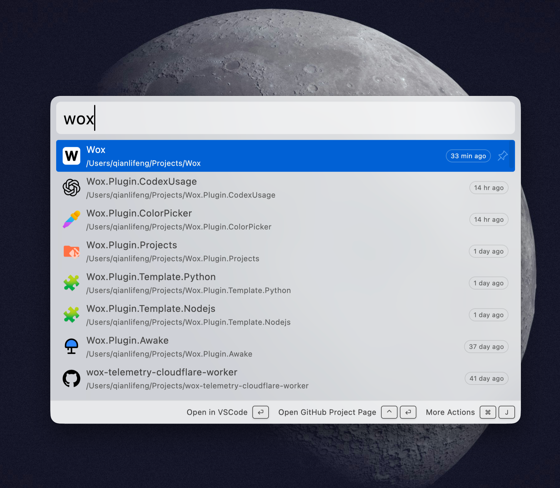 Wox light theme showing project search results